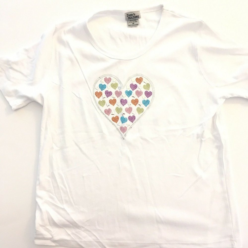 ISAACS DESIGNS Womens M Medium Short Sleeve White Shirt Top Studded Colors Heart